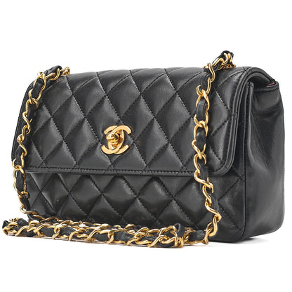 CHANEL Lambskin Mini Matelasse 18cm Single Flap Turn Lock Chain Shoulder Black Gold-Tone Hardware, Pre-Owned