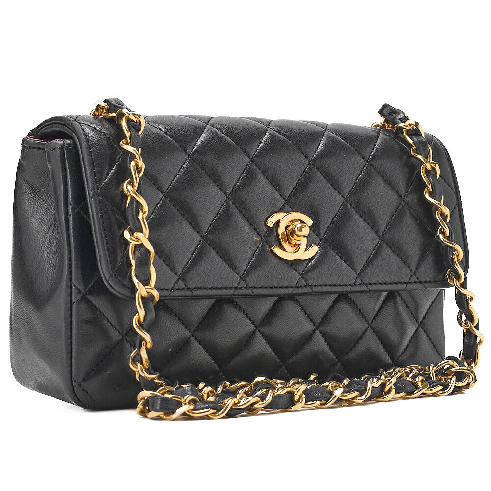 CHANEL Lambskin Mini Matelasse 18cm Single Flap Turn Lock Chain Shoulder Black Gold-Tone Hardware, Pre-Owned