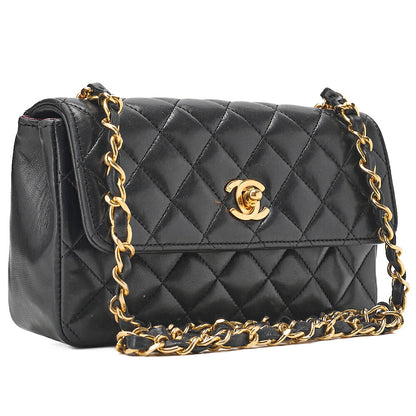 CHANEL Lambskin Mini Matelasse 18cm Single Flap Turn Lock Chain Shoulder Black Gold-Tone Hardware, Pre-Owned