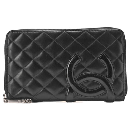 CHANEL Calf Leather x Enamel Kanbon Line Matelasse Round Long Wallet Organizer Black Silver-Tone Hardware, Pre-Owned