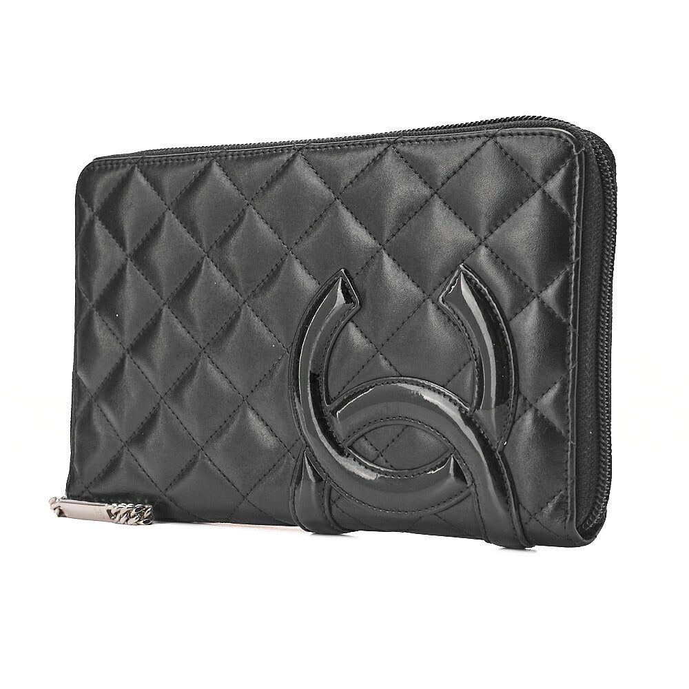 CHANEL Calf Leather x Enamel Kanbon Line Matelasse Round Long Wallet Organizer Black Silver-Tone Hardware, Pre-Owned