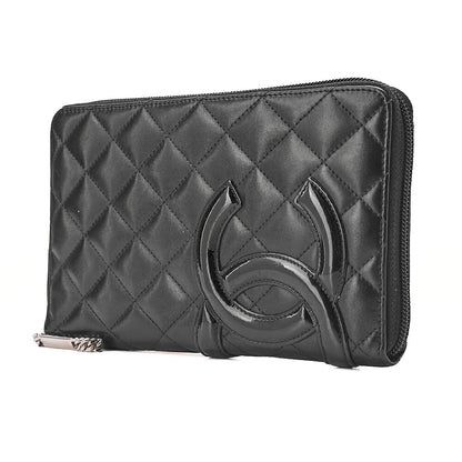 CHANEL Calf Leather x Enamel Kanbon Line Matelasse Round Long Wallet Organizer Black Silver-Tone Hardware, Pre-Owned