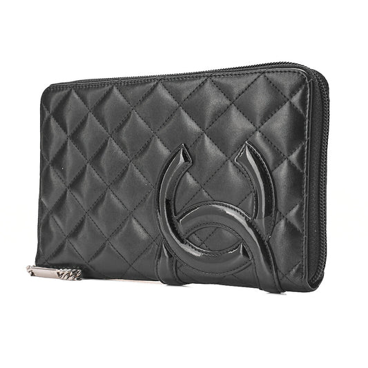 CHANEL Calf Leather x Enamel Kanbon Line Matelasse Round Long Wallet Organizer Black Silver-Tone Hardware, Pre-Owned