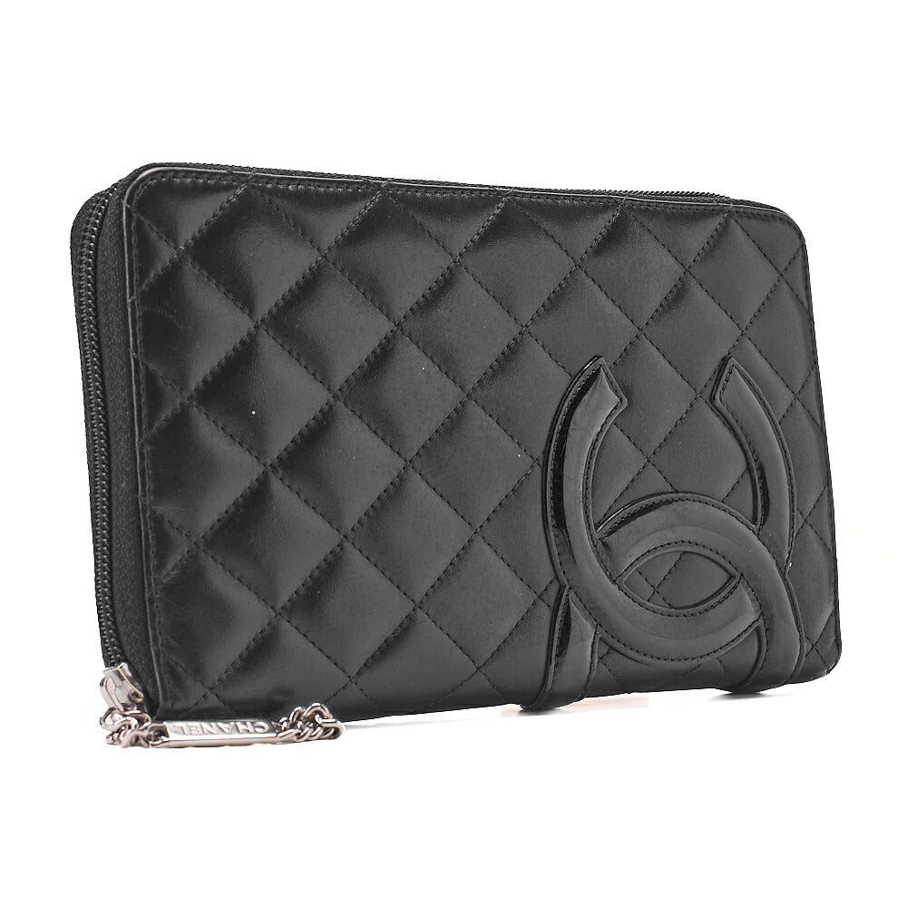 CHANEL Calf Leather x Enamel Kanbon Line Matelasse Round Long Wallet Organizer Black Silver-Tone Hardware, Pre-Owned