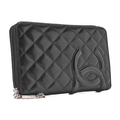 CHANEL Calf Leather x Enamel Kanbon Line Matelasse Round Long Wallet Organizer Black Silver-Tone Hardware, Pre-Owned