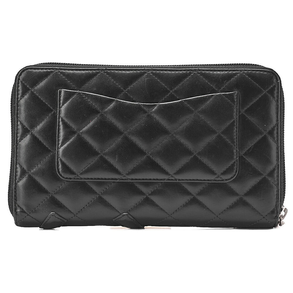 CHANEL Calf Leather x Enamel Kanbon Line Matelasse Round Long Wallet Organizer Black Silver-Tone Hardware, Pre-Owned