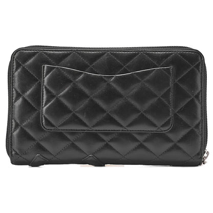 CHANEL Calf Leather x Enamel Kanbon Line Matelasse Round Long Wallet Organizer Black Silver-Tone Hardware, Pre-Owned
