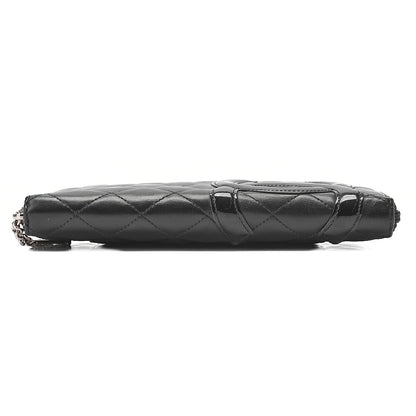 CHANEL Calf Leather x Enamel Kanbon Line Matelasse Round Long Wallet Organizer Black Silver-Tone Hardware, Pre-Owned