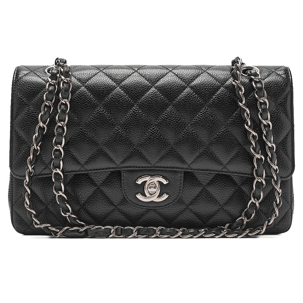 CHANEL Caviar Skin Matelasse Double Flap 25cm Chain Shoulder Black Silver-Tone Hardware, Pre-Owned