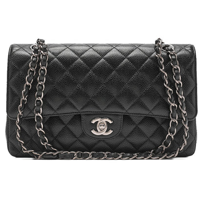 CHANEL Caviar Skin Matelasse Double Flap 25cm Chain Shoulder Black Silver-Tone Hardware, Pre-Owned