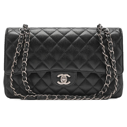 CHANEL Caviar Skin Matelasse Double Flap 25cm Chain Shoulder Black Silver-Tone Hardware, Pre-Owned