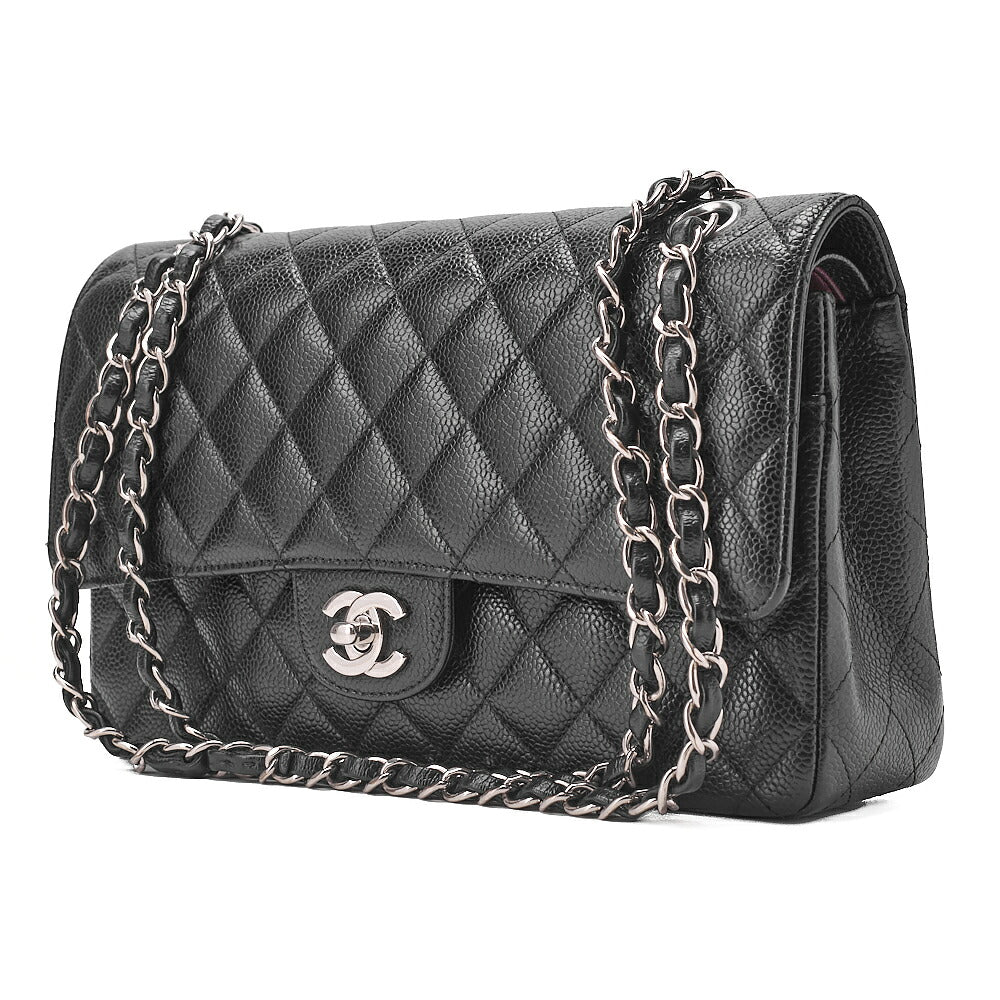 CHANEL Caviar Skin Matelasse Double Flap 25cm Chain Shoulder Black Silver-Tone Hardware, Pre-Owned