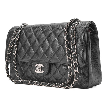 CHANEL Caviar Skin Matelasse Double Flap 25cm Chain Shoulder Black Silver-Tone Hardware, Pre-Owned