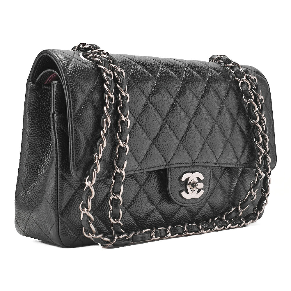 CHANEL Caviar Skin Matelasse Double Flap 25cm Chain Shoulder Black Silver-Tone Hardware, Pre-Owned