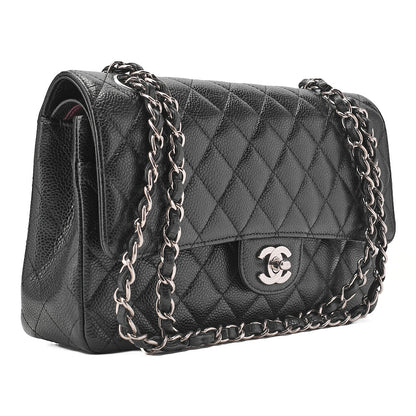 CHANEL Caviar Skin Matelasse Double Flap 25cm Chain Shoulder Black Silver-Tone Hardware, Pre-Owned