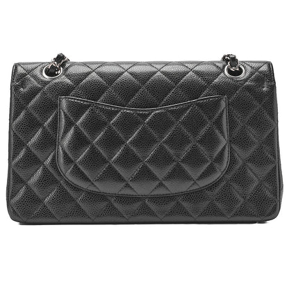 CHANEL Caviar Skin Matelasse Double Flap 25cm Chain Shoulder Black Silver-Tone Hardware, Pre-Owned
