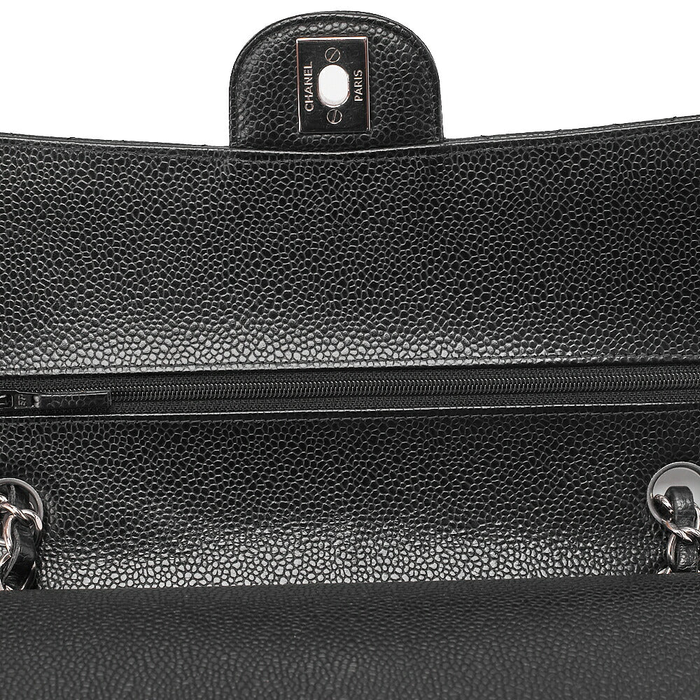 CHANEL Caviar Skin Matelasse Double Flap 25cm Chain Shoulder Black Silver-Tone Hardware, Pre-Owned