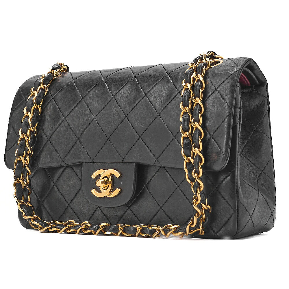 CHANEL Matelasse Double Flap 23cm Chain Shoulder Lambskin Black Gold-Tone Hardware, Pre-Owned