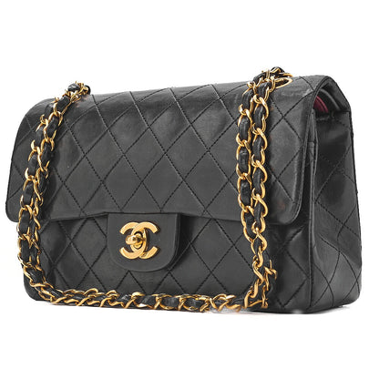 CHANEL Matelasse Double Flap 23cm Chain Shoulder Lambskin Black Gold-Tone Hardware, Pre-Owned