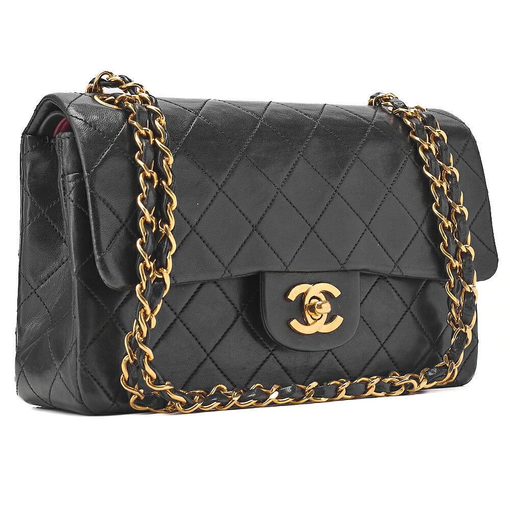CHANEL Matelasse Double Flap 23cm Chain Shoulder Lambskin Black Gold-Tone Hardware, Pre-Owned