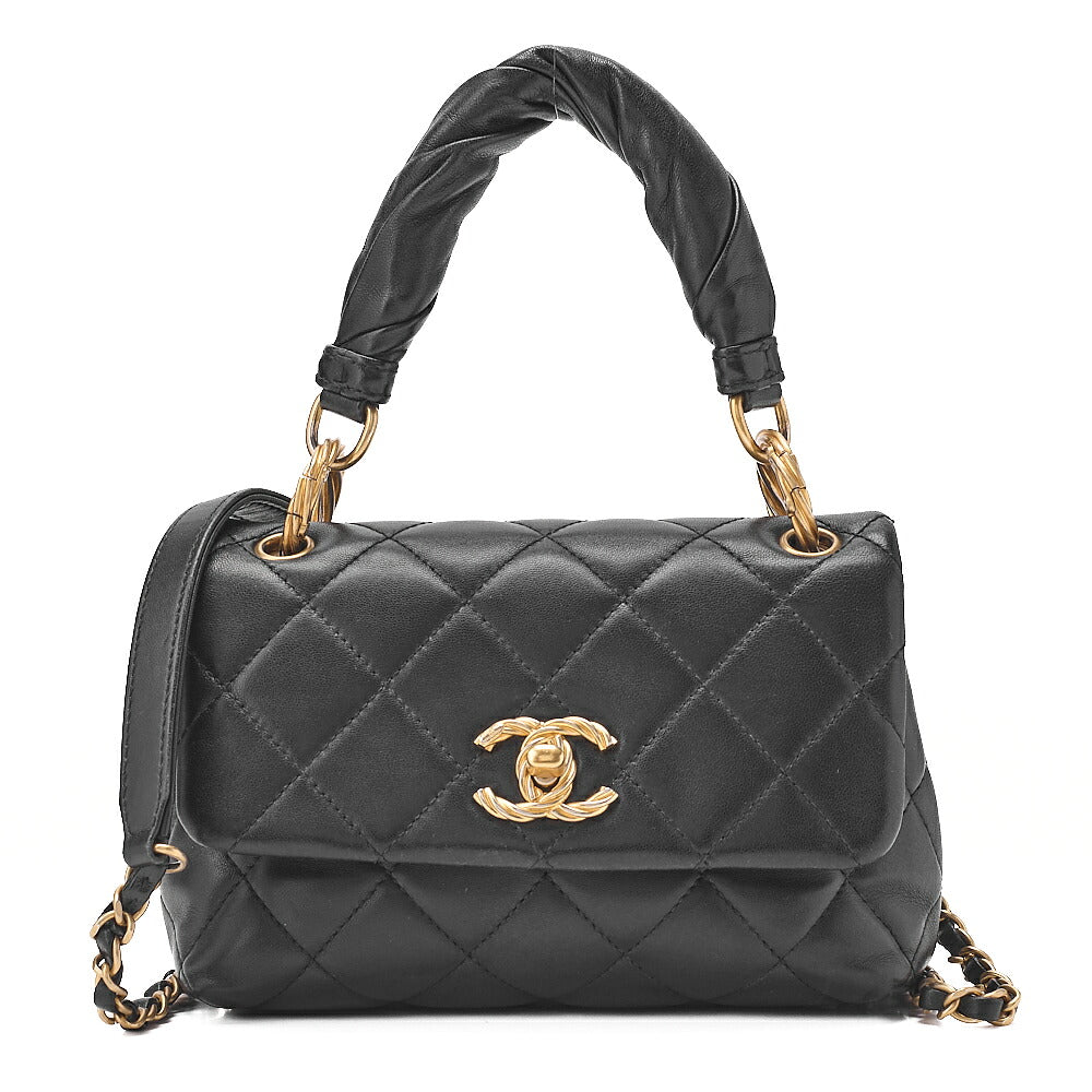CHANEL Lambskin Mini Matelasse Single Flap 2-Way Chain Shoulder Black Gold-Tone Hardware, Pre-Owned