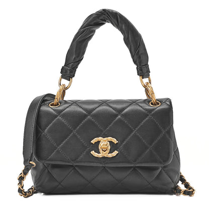 CHANEL Lambskin Mini Matelasse Single Flap 2-Way Chain Shoulder Black Gold-Tone Hardware, Pre-Owned