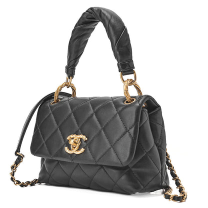 CHANEL Lambskin Mini Matelasse Single Flap 2-Way Chain Shoulder Black Gold-Tone Hardware, Pre-Owned
