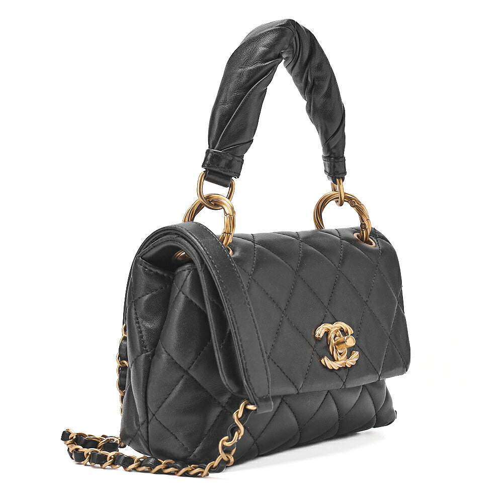 CHANEL Lambskin Mini Matelasse Single Flap 2-Way Chain Shoulder Black Gold-Tone Hardware, Pre-Owned