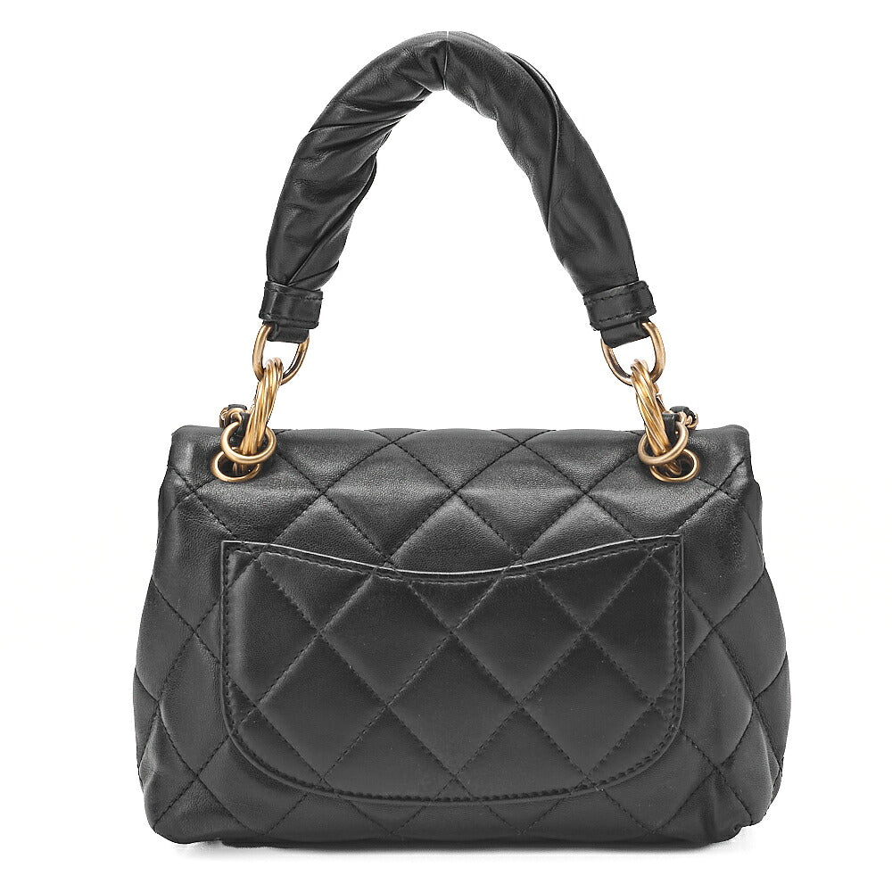 CHANEL Lambskin Mini Matelasse Single Flap 2-Way Chain Shoulder Black Gold-Tone Hardware, Pre-Owned