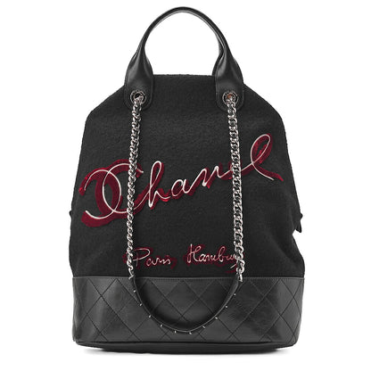 CHANEL Matelasse Wool x Calfskin 2-Way Handbag Black x Red Silver-Tone Hardware, Pre-Owned