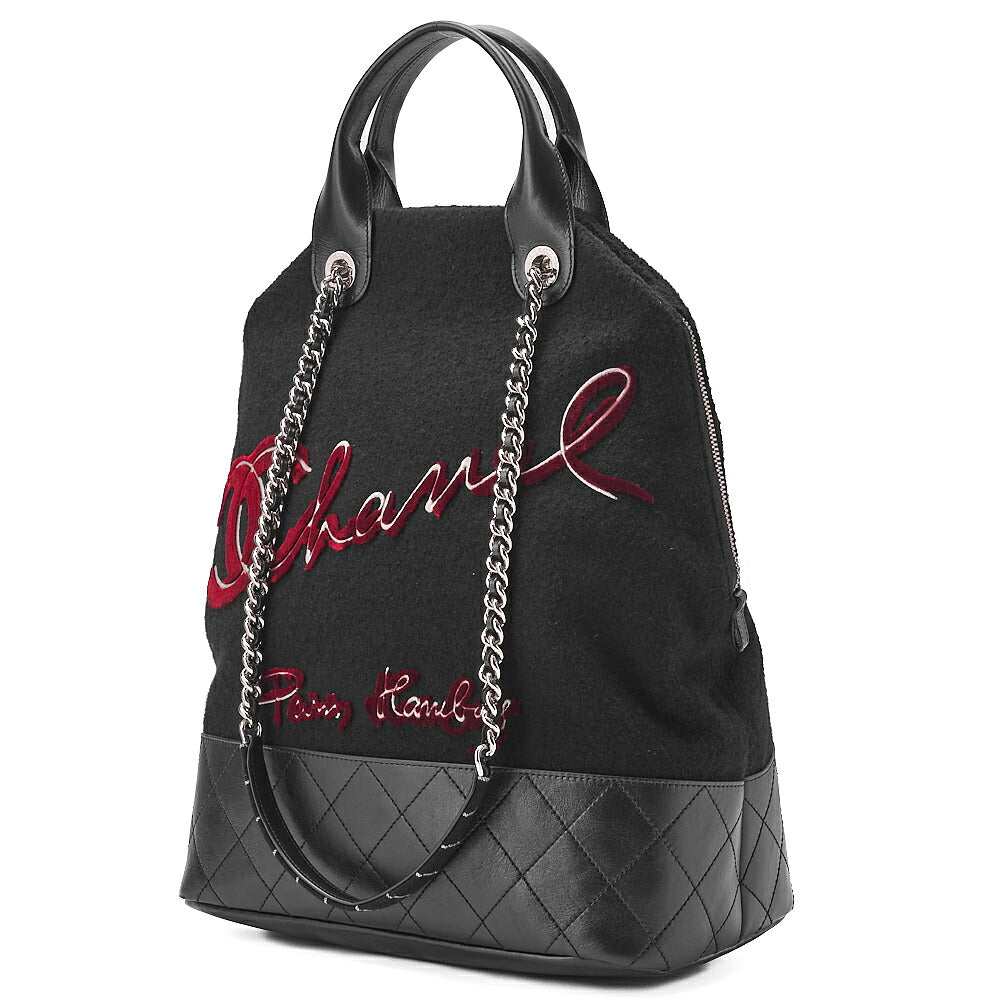 CHANEL Matelasse Wool x Calfskin 2-Way Handbag Black x Red Silver-Tone Hardware, Pre-Owned