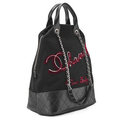 CHANEL Matelasse Wool x Calfskin 2-Way Handbag Black x Red Silver-Tone Hardware, Pre-Owned