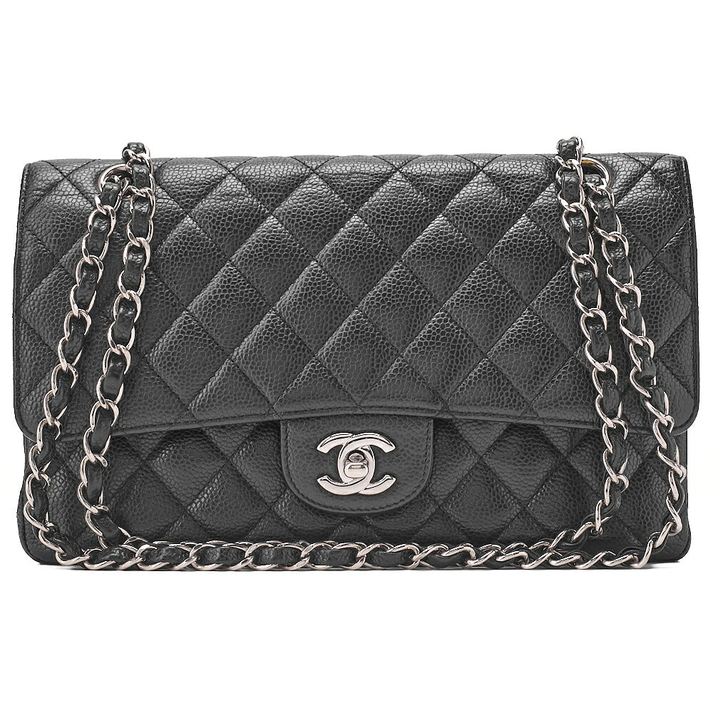 CHANEL Caviar Skin Matelasse Double Flap 25cm Chain Shoulder Black Silver-Tone Hardware, Pre-Owned