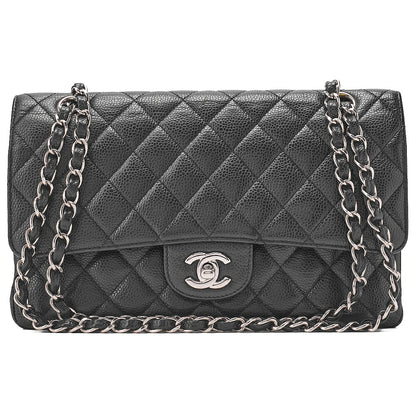 CHANEL Caviar Skin Matelasse Double Flap 25cm Chain Shoulder Black Silver-Tone Hardware, Pre-Owned
