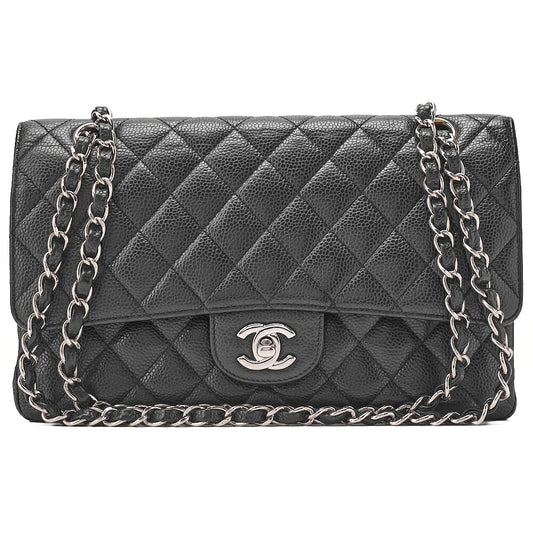 CHANEL Caviar Skin Matelasse Double Flap 25cm Chain Shoulder Black Silver-Tone Hardware, Pre-Owned
