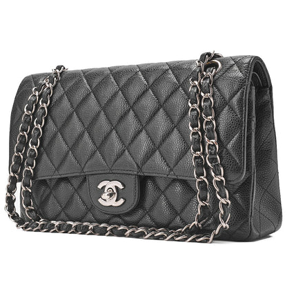 CHANEL Caviar Skin Matelasse Double Flap 25cm Chain Shoulder Black Silver-Tone Hardware, Pre-Owned