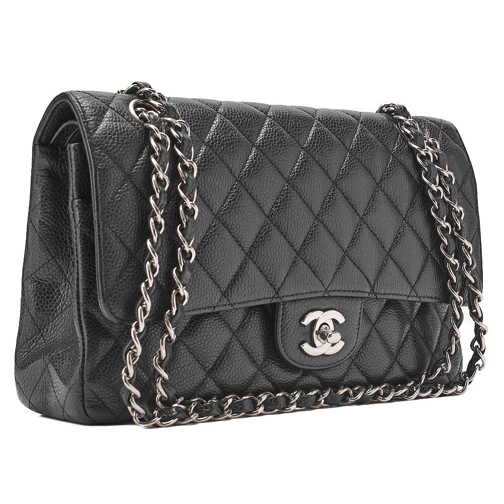 CHANEL Caviar Skin Matelasse Double Flap 25cm Chain Shoulder Black Silver-Tone Hardware, Pre-Owned