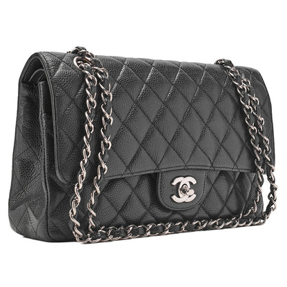 CHANEL Caviar Skin Matelasse Double Flap 25cm Chain Shoulder Black Silver-Tone Hardware, Pre-Owned