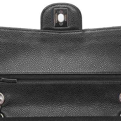 CHANEL Caviar Skin Matelasse Double Flap 25cm Chain Shoulder Black Silver-Tone Hardware, Pre-Owned
