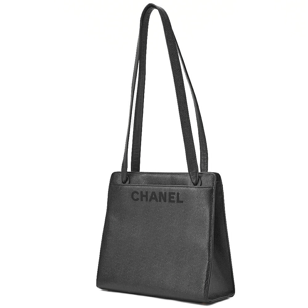 CHANEL Tote Bag Logo Mark Caviar Skin Black Gold-Tone Hardware, Pre-Owned