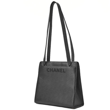CHANEL Tote Bag Logo Mark Caviar Skin Black Gold-Tone Hardware, Pre-Owned