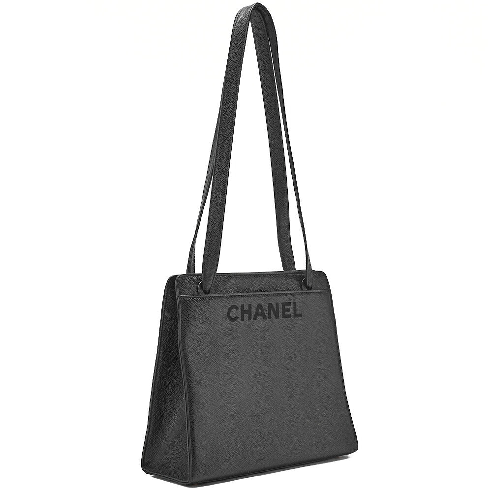 CHANEL Tote Bag Logo Mark Caviar Skin Black Gold-Tone Hardware, Pre-Owned