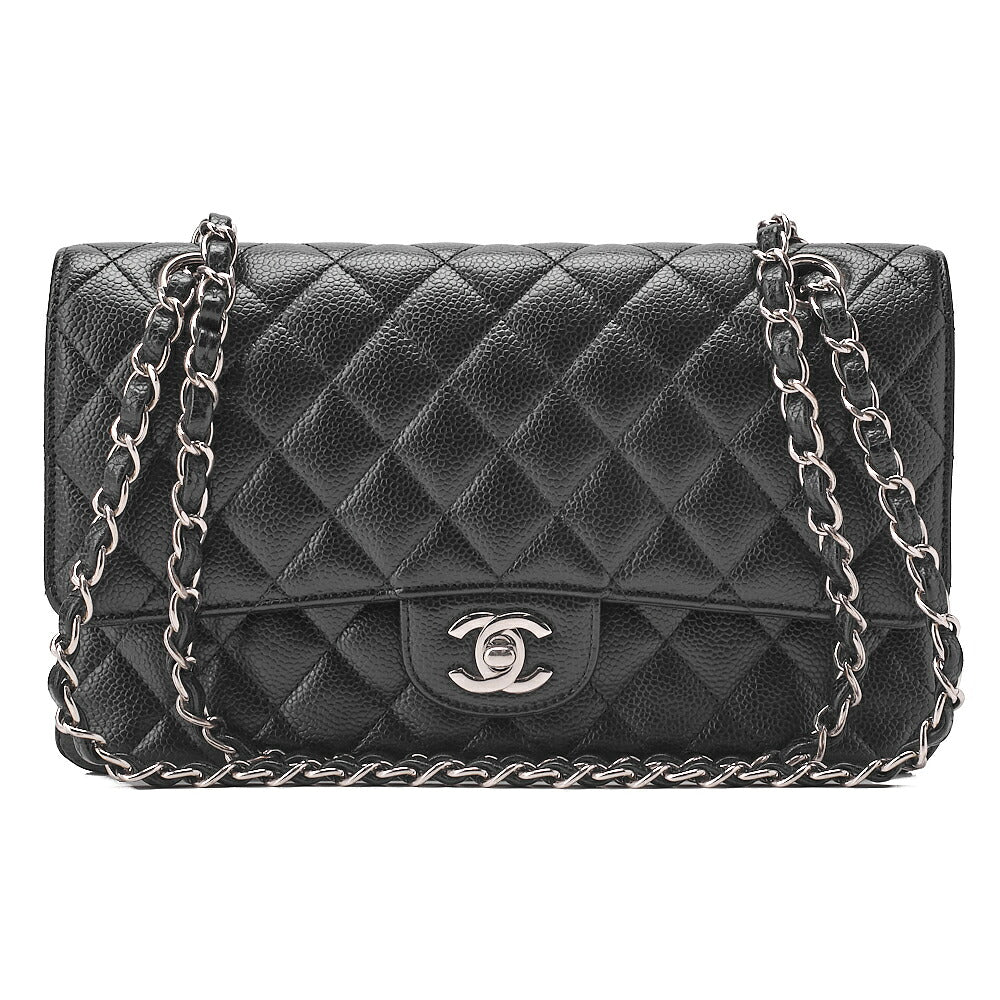 CHANEL Caviar Skin Matelasse Double Flap 25cm Chain Shoulder Black Silver-Tone Hardware, Pre-Owned