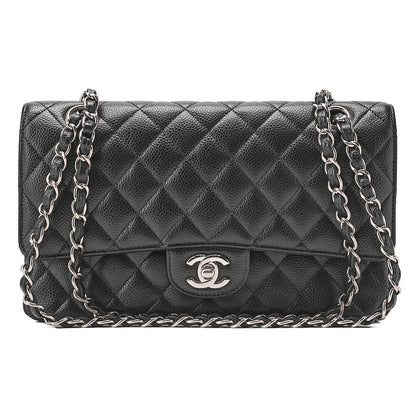 CHANEL Caviar Skin Matelasse Double Flap 25cm Chain Shoulder Black Silver-Tone Hardware, Pre-Owned