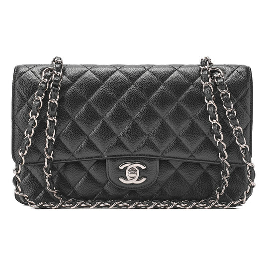 CHANEL Caviar Skin Matelasse Double Flap 25cm Chain Shoulder Black Silver-Tone Hardware, Pre-Owned