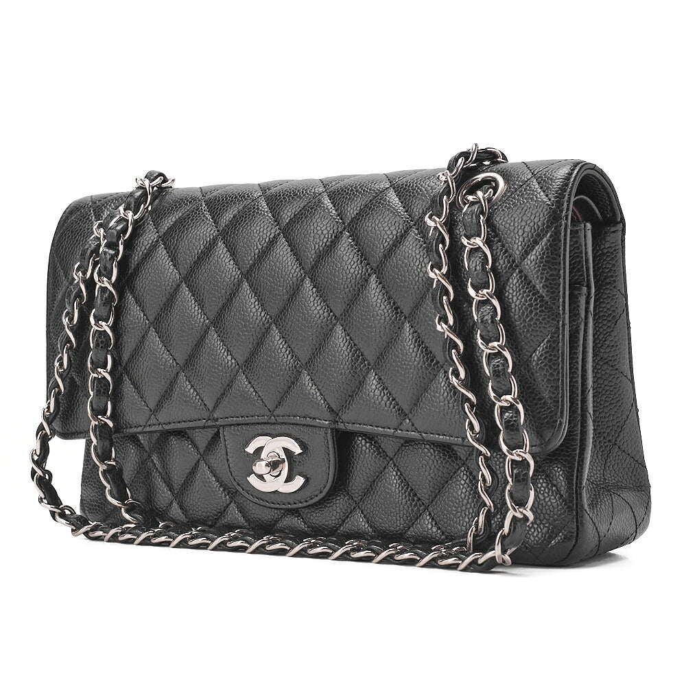 CHANEL Caviar Skin Matelasse Double Flap 25cm Chain Shoulder Black Silver-Tone Hardware, Pre-Owned
