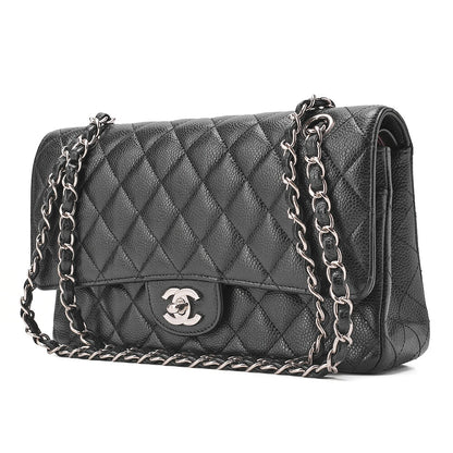CHANEL Caviar Skin Matelasse Double Flap 25cm Chain Shoulder Black Silver-Tone Hardware, Pre-Owned