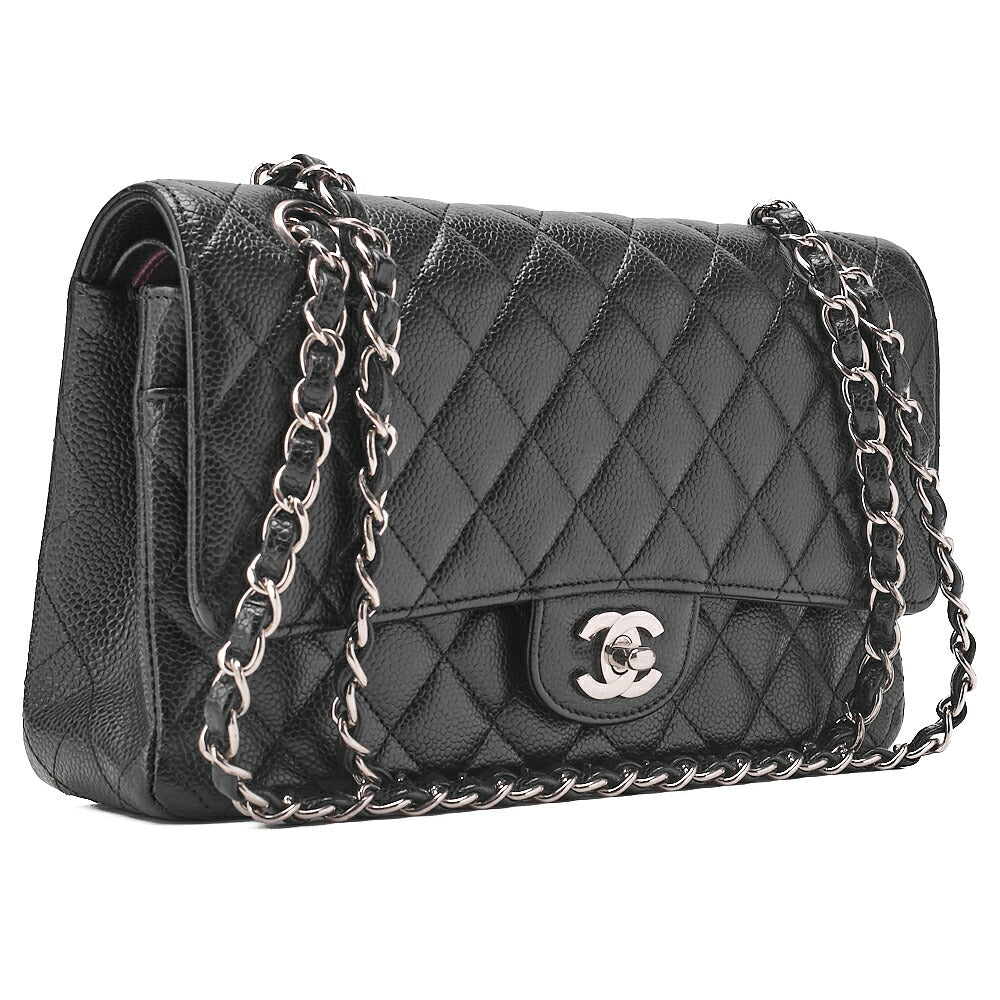 CHANEL Caviar Skin Matelasse Double Flap 25cm Chain Shoulder Black Silver-Tone Hardware, Pre-Owned