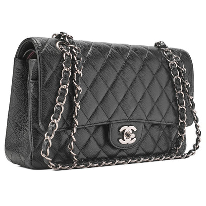 CHANEL Caviar Skin Matelasse Double Flap 25cm Chain Shoulder Black Silver-Tone Hardware, Pre-Owned