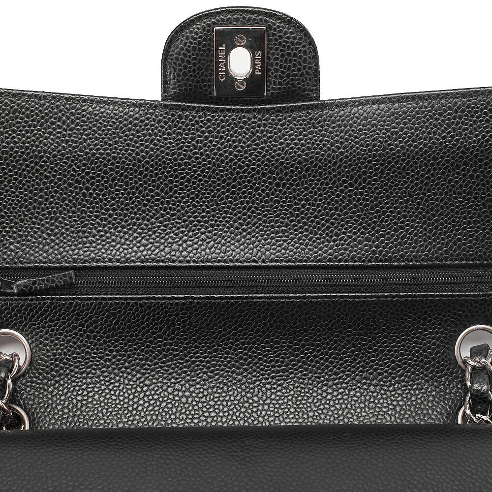CHANEL Caviar Skin Matelasse Double Flap 25cm Chain Shoulder Black Silver-Tone Hardware, Pre-Owned